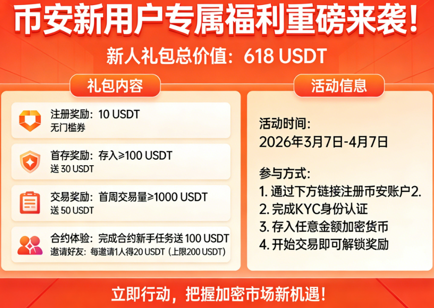 💎 币安新户专享 - 注册即送 618 USDT 礼包